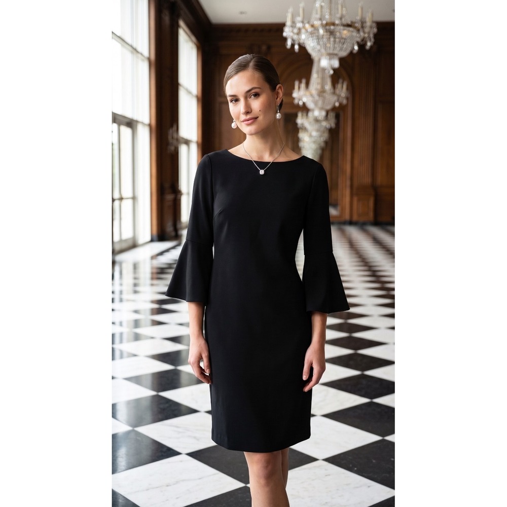 Calvin Klein Women's Black Bell Sleeve Sheath Dress 16W Event LBD Career NWT